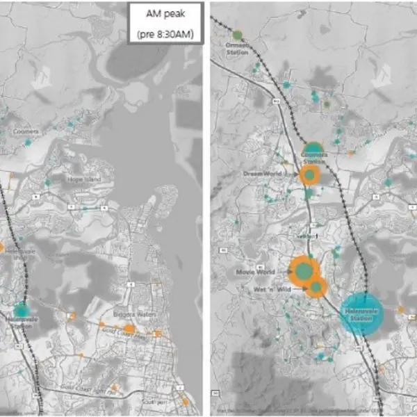 Study area average weekday bus boarding and alightings, morning peak (left) and midday (right), November 20