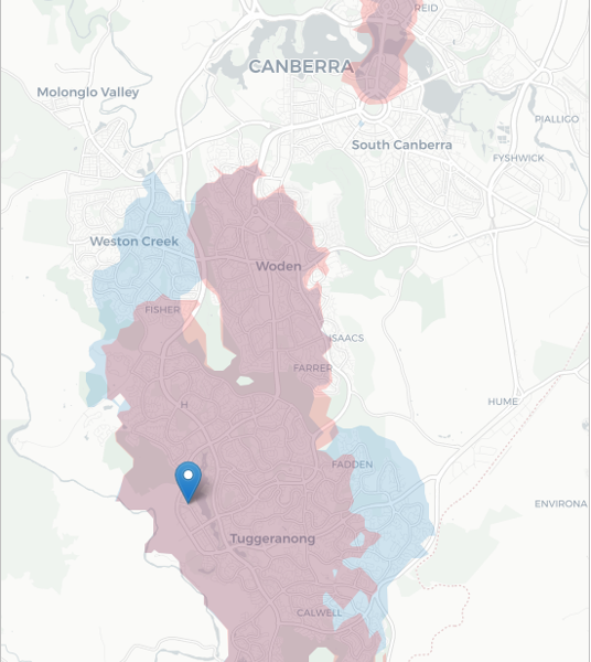 Image 2: Travel isochrone showing change from old network (red) to new network (blue) for travel within 60 minutes